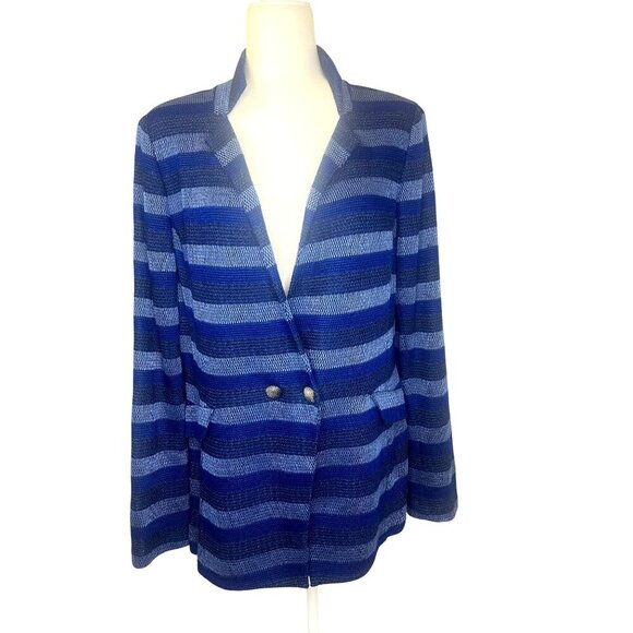 St. John Blue Striped Jacket Ladies Size 14 Long Sleeve Wool Blend Blazer Career - Picture 1 of 11